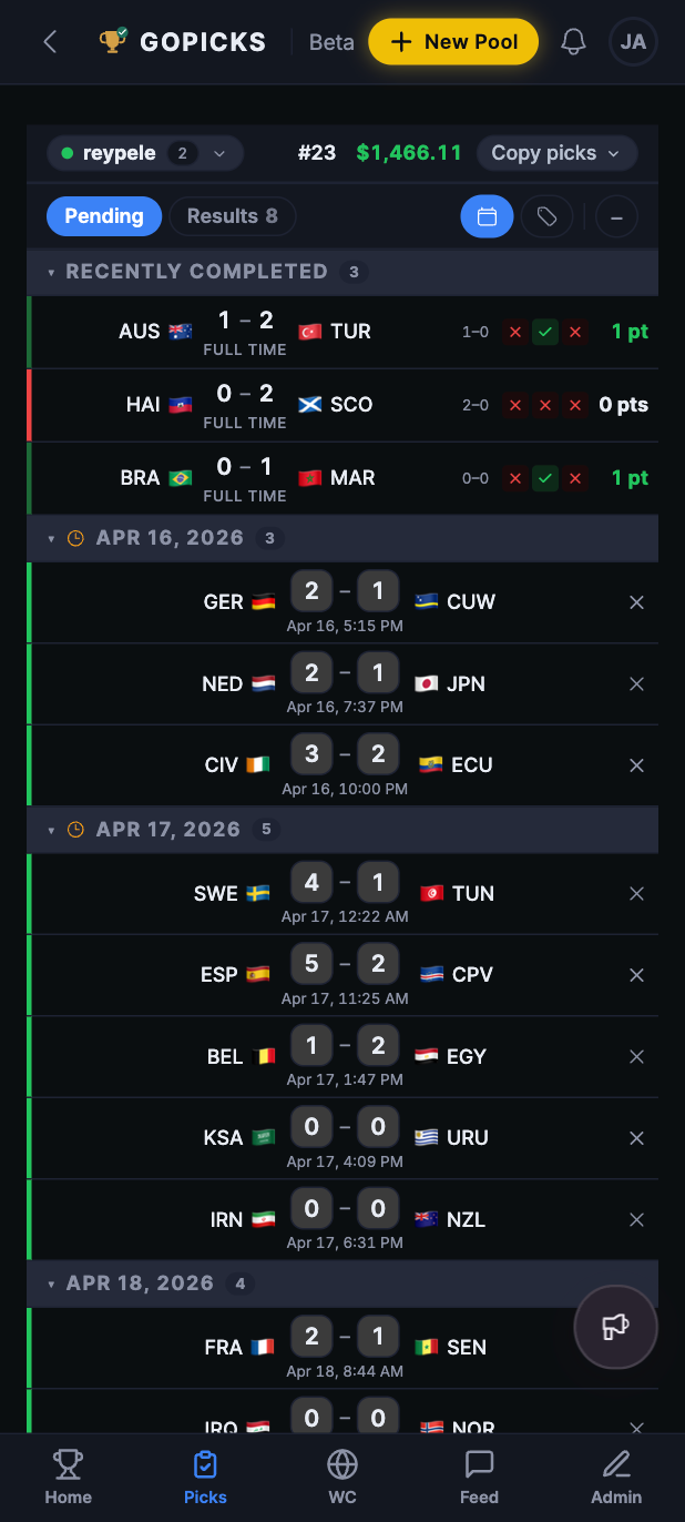 GoPicks predictions screen for picking every World Cup 2026 match before kickoff